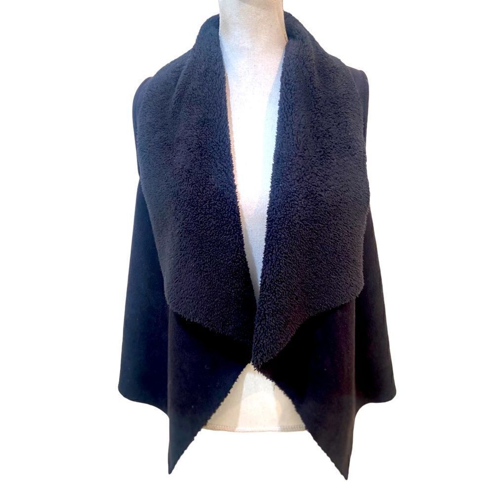 Chaps open front black faux suede Sherpa collarless vest Teddy interior small